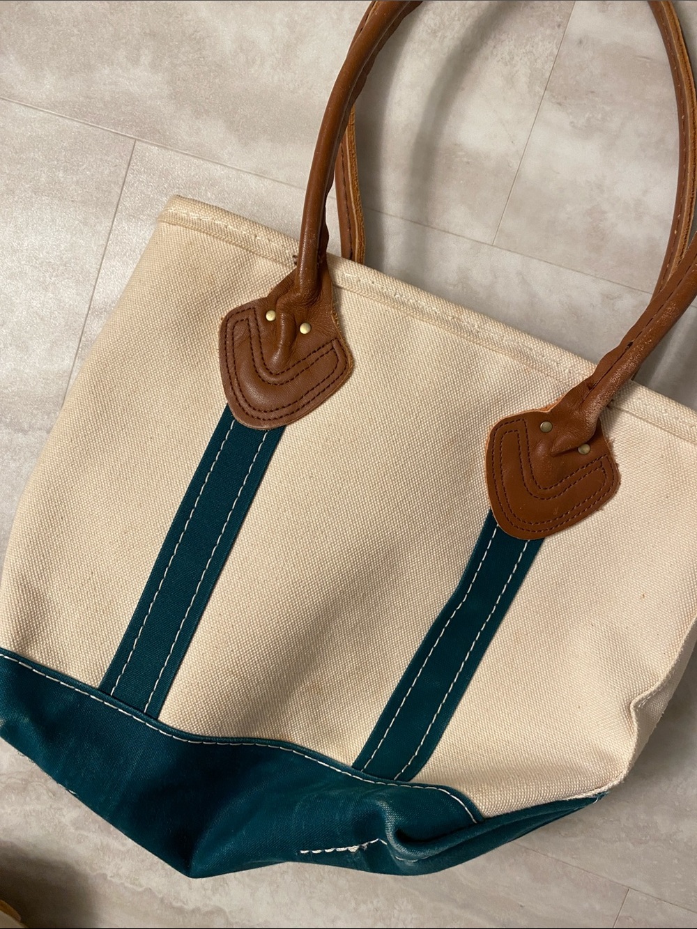Vintage 90’sL.L. Bean Cream Canvas Mini Tote with Teal Trim & Leather Handles - Picture 7 of 8